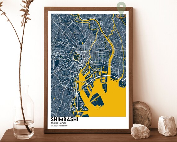 Shimbashi Tokyo Japan Navy Yellow Modern City Map Art Poster