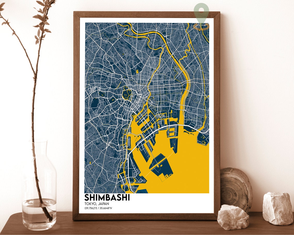 Shimbashi Tokyo Japan Navy Yellow Modern City Map Art Poster