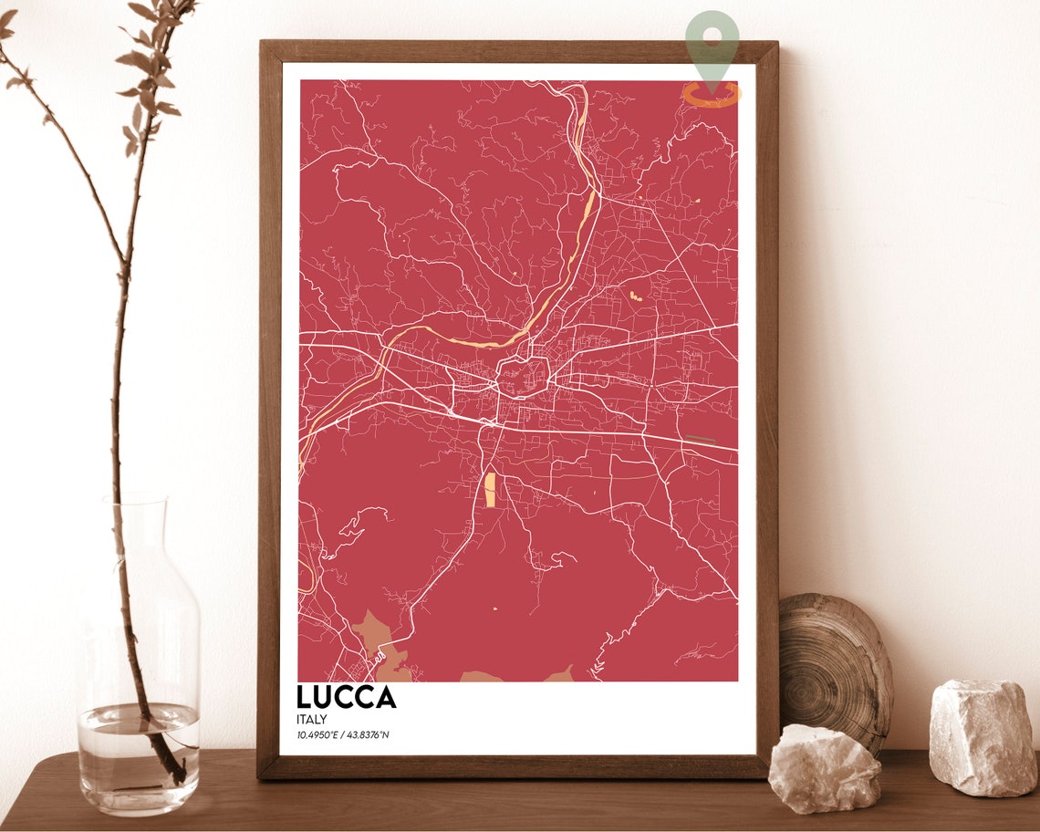 Lucca Italy Crimson Red Minimal Street Map Modern Art Poster