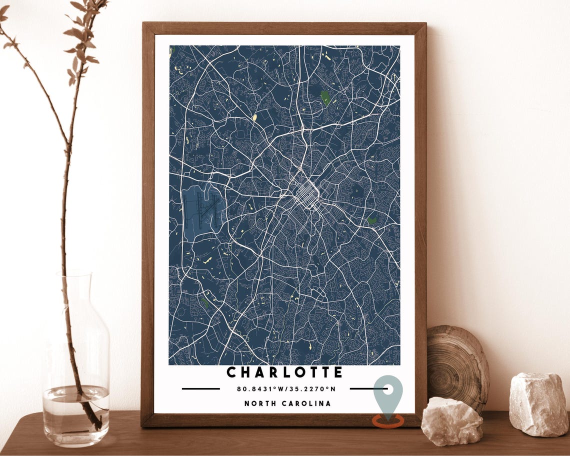 Charlotte North Carolina City Map Navy Blue Modern Street Grid Poster
