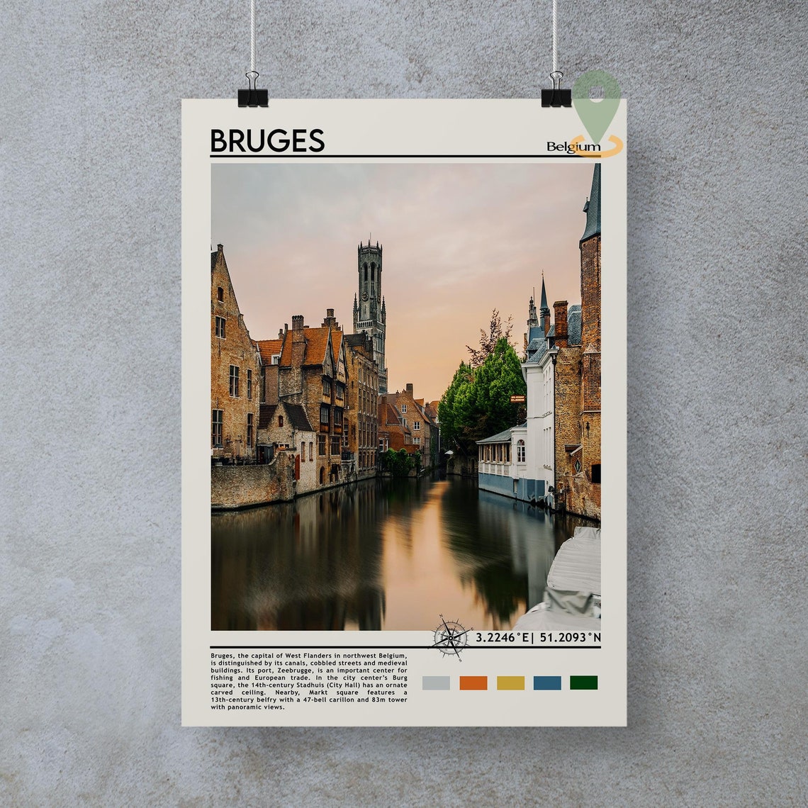 Bruges Belgium Medieval Canal Sunset Reflection Photo Travel Poster - Image 4