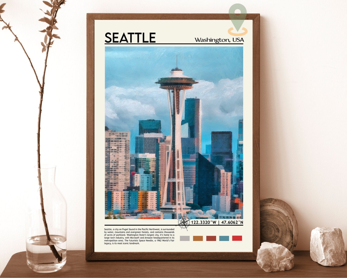 Seattle Washington Space Needle Painted Skyline Travel Poster
