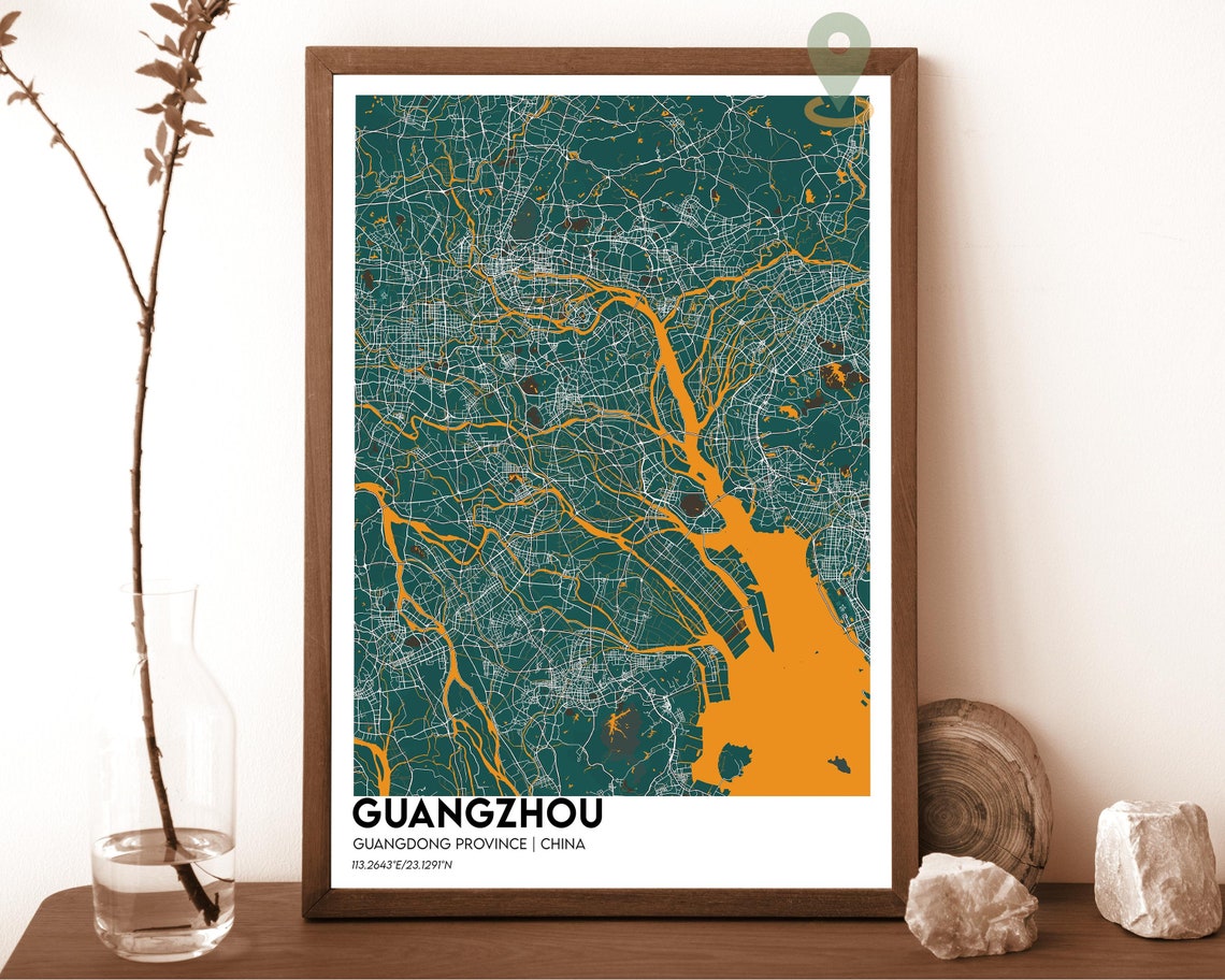 Guangzhou China Dark Cyan River Delta City Map Home Decor Poster - Image 4