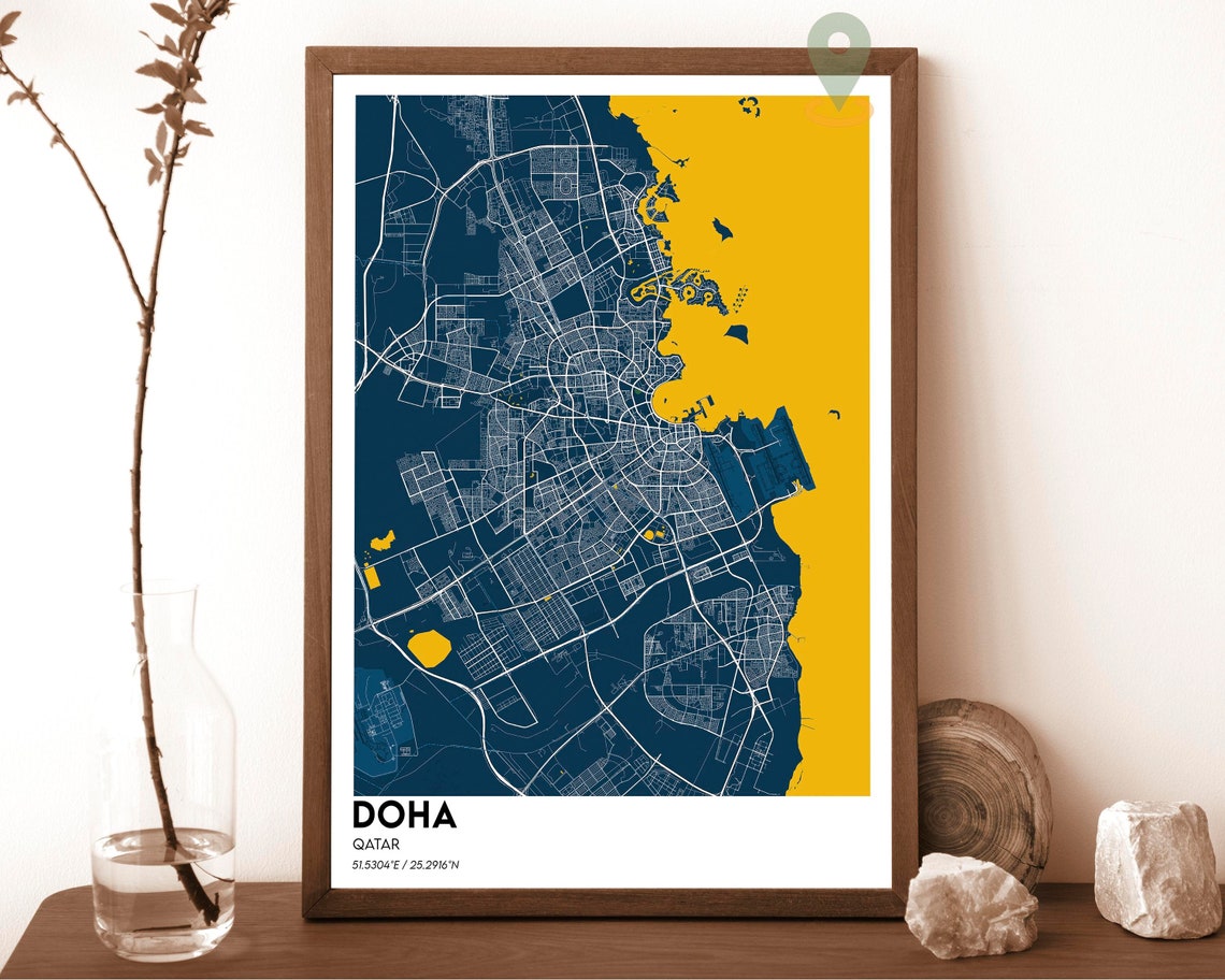 Doha Qatar Charcoal Orange Coastline City Map Modern Art Poster - Image 6