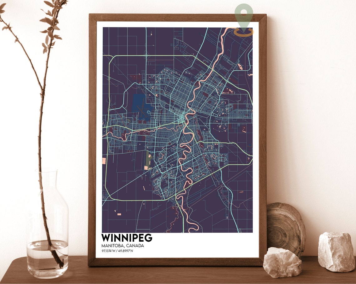 Winnipeg Manitoba Canada Night Street Map Dark Blue Art Poster