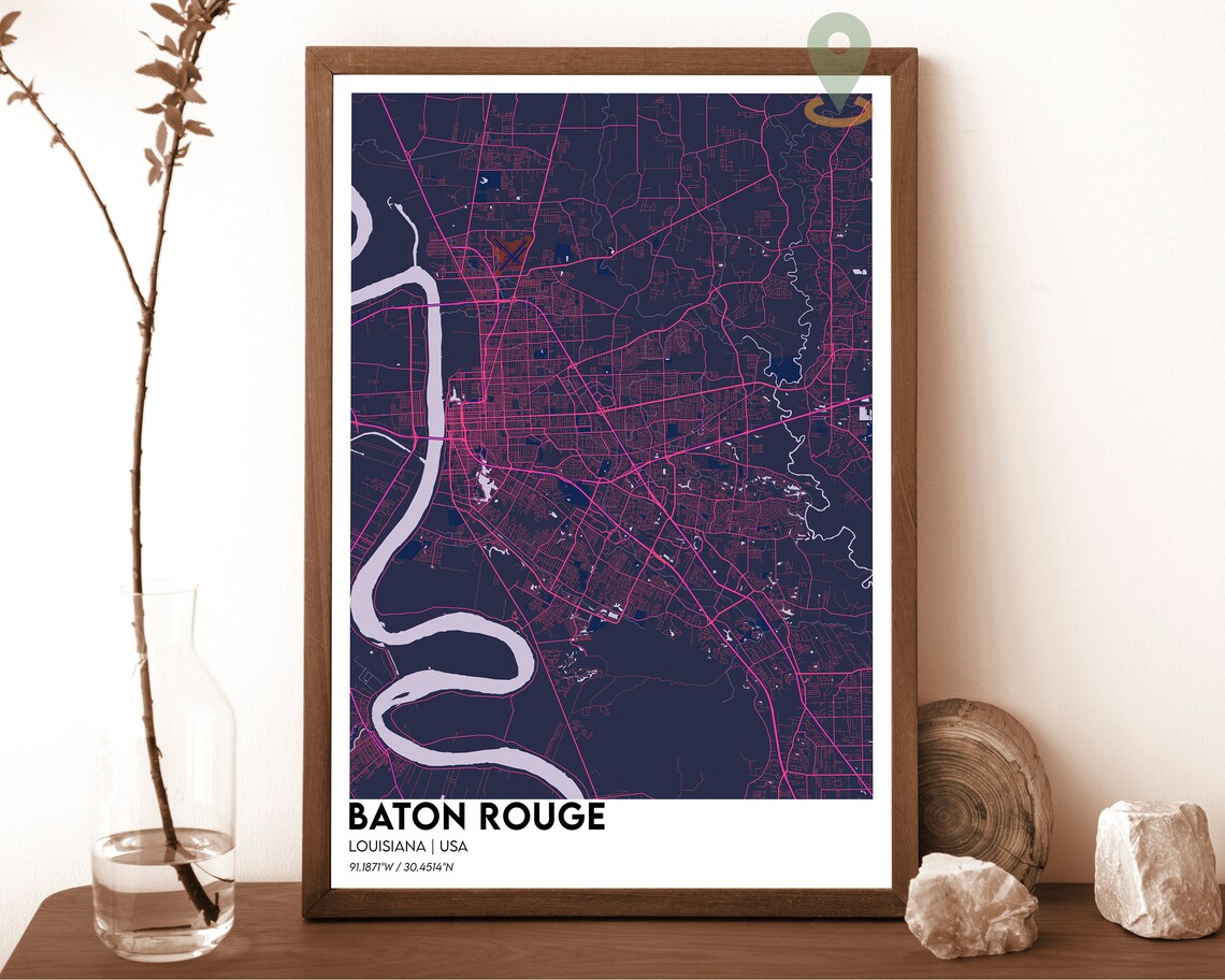 Baton Rouge Louisiana City Map Red Bold Mississippi River Map Poster - Image 2