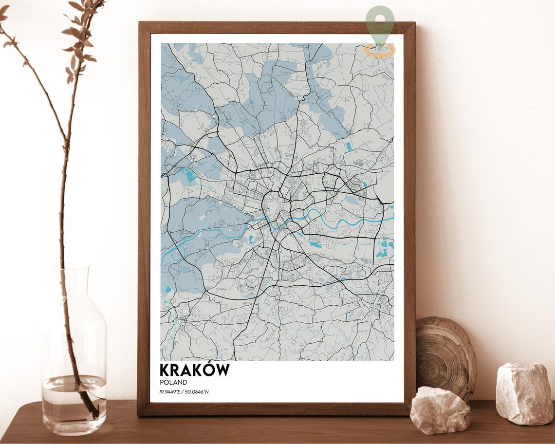 Krakow Poland Soft Blue Modern Minimalist City Street Map Wall Art