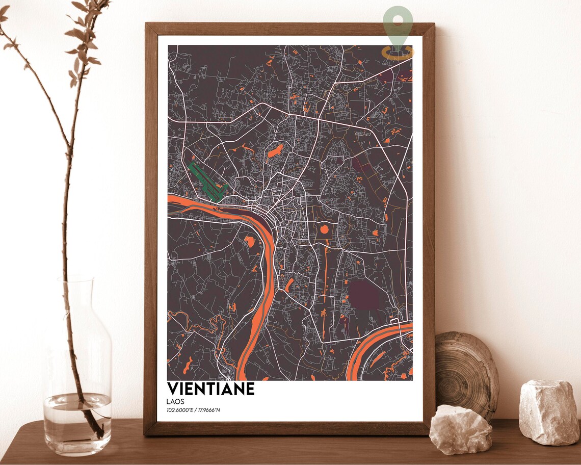 Vientiane Laos City Map Green Golden Mekong River Street Poster - Image 5
