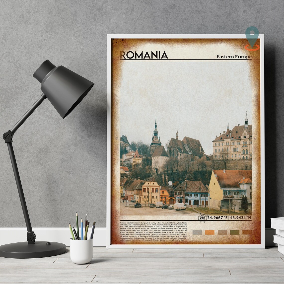 Romania Eastern Europe Medieval Hilltop Town Colorful Roofs Art Poster - Image 4