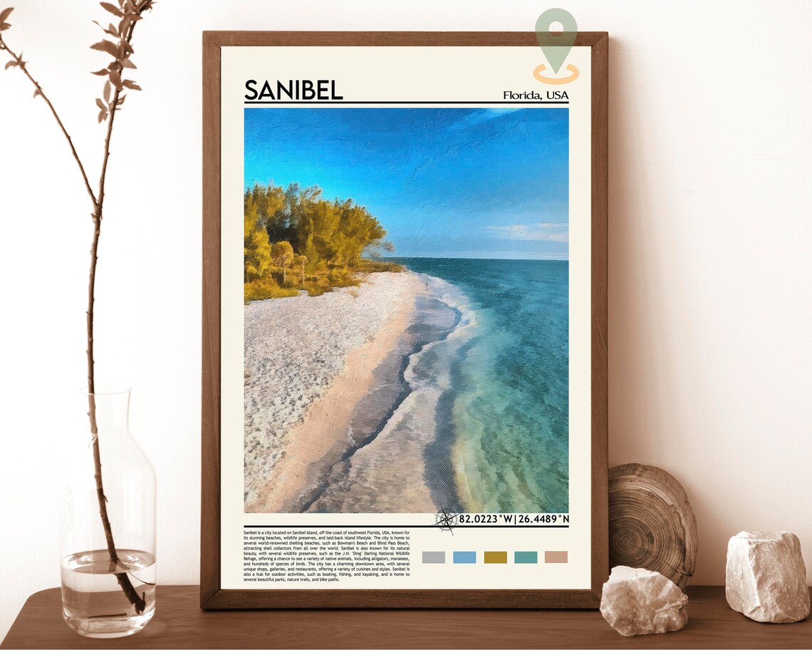 Sanibel Florida Beach Aerial Coastal Art Minimalist Travel Poster