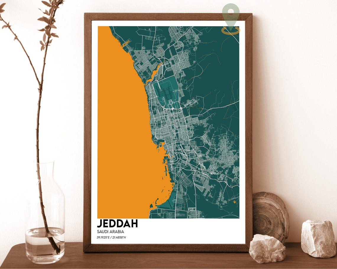 Jeddah Saudi Arabia Teal Orange Minimalist City Map Wall Art