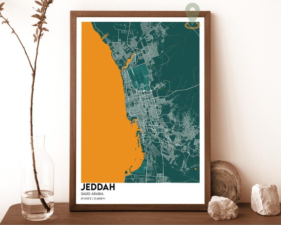 Jeddah Saudi Arabia Teal Orange Minimalist City Map Wall Art