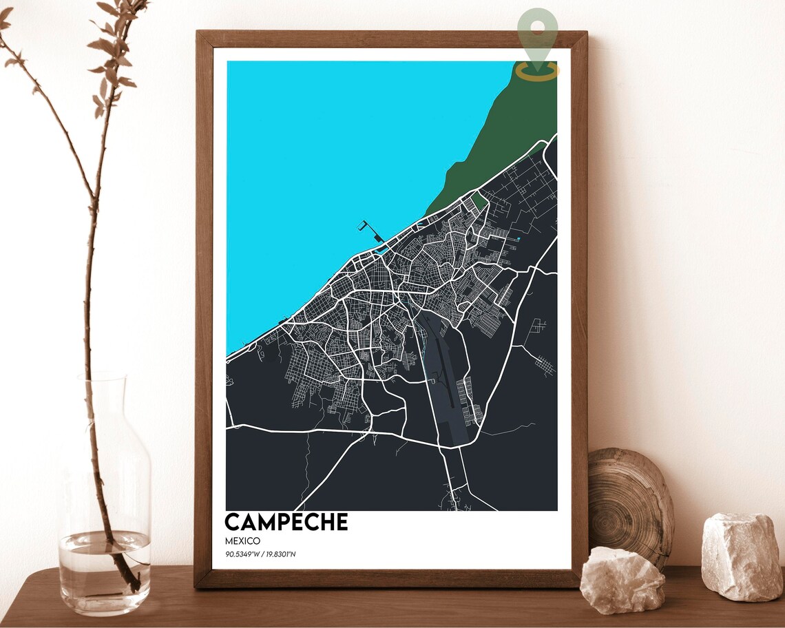 Campeche Mexico Modern City Map Poster in Navy and Gold Tones - Image 6