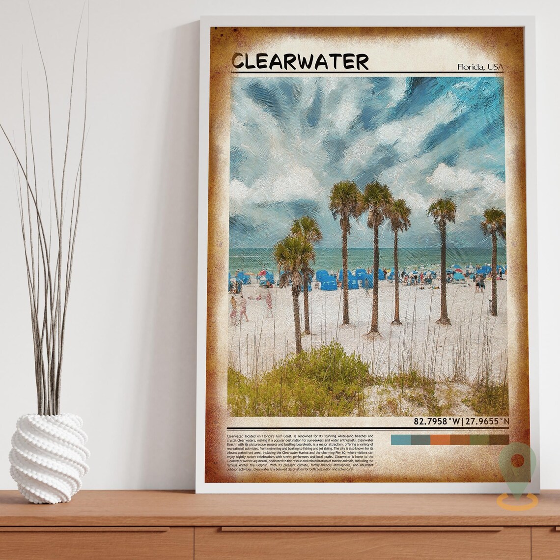 Clearwater Florida Palm Trees Beach Dunes Oil Painting Travel Poster - Image 3