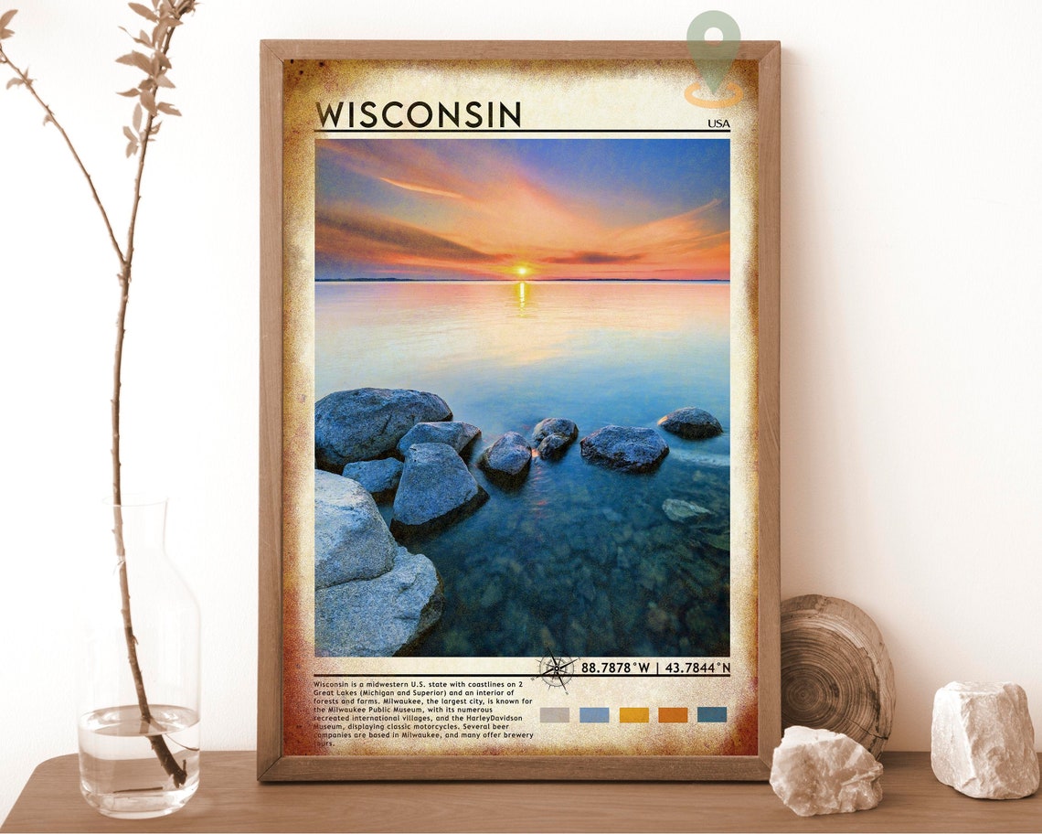 Wisconsin USA Serene Sunset Over Water Rocky Shore Travel Poster - Image 6