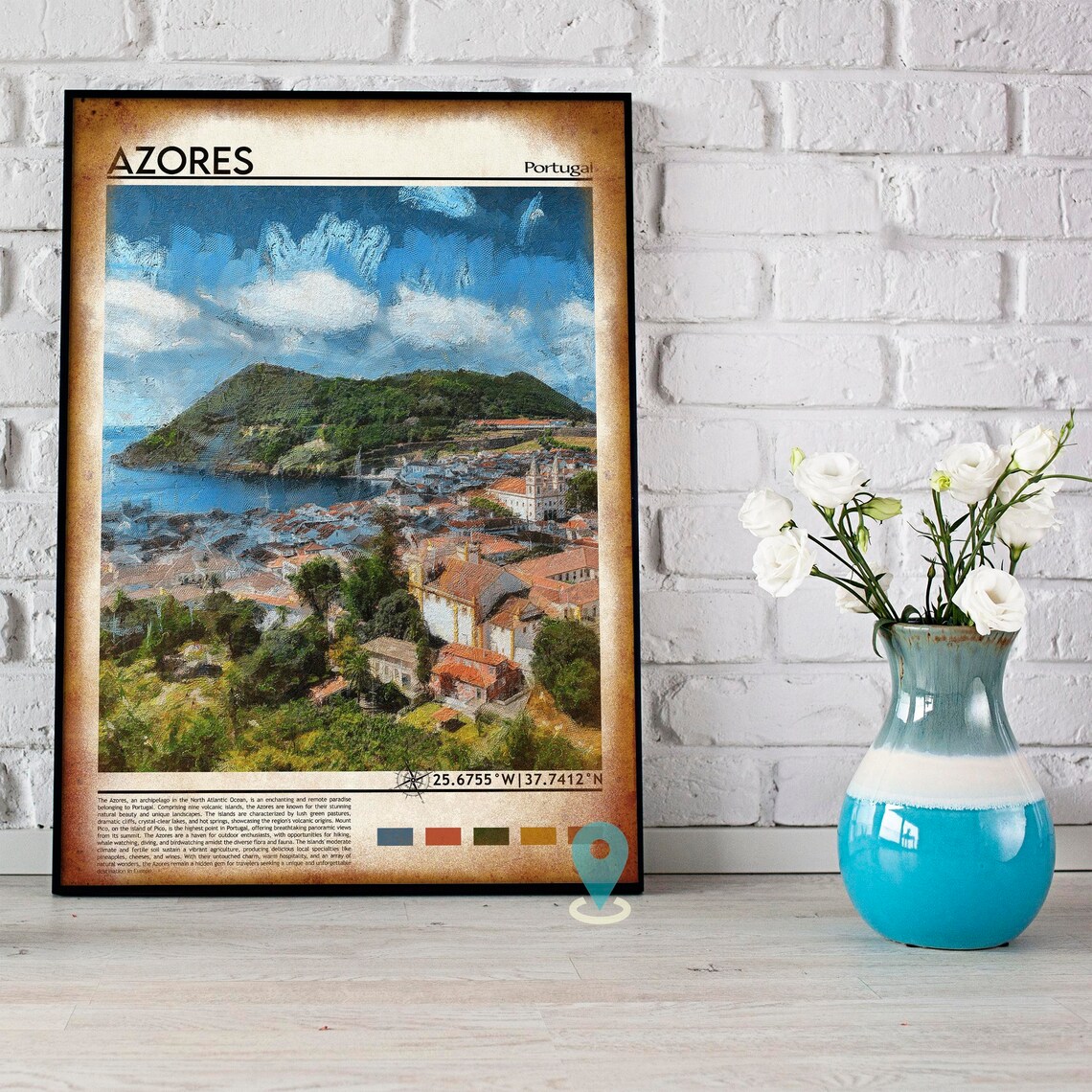 Azores Portugal Atlantic Island Harbor Town Green Hills Travel Poster - Image 4