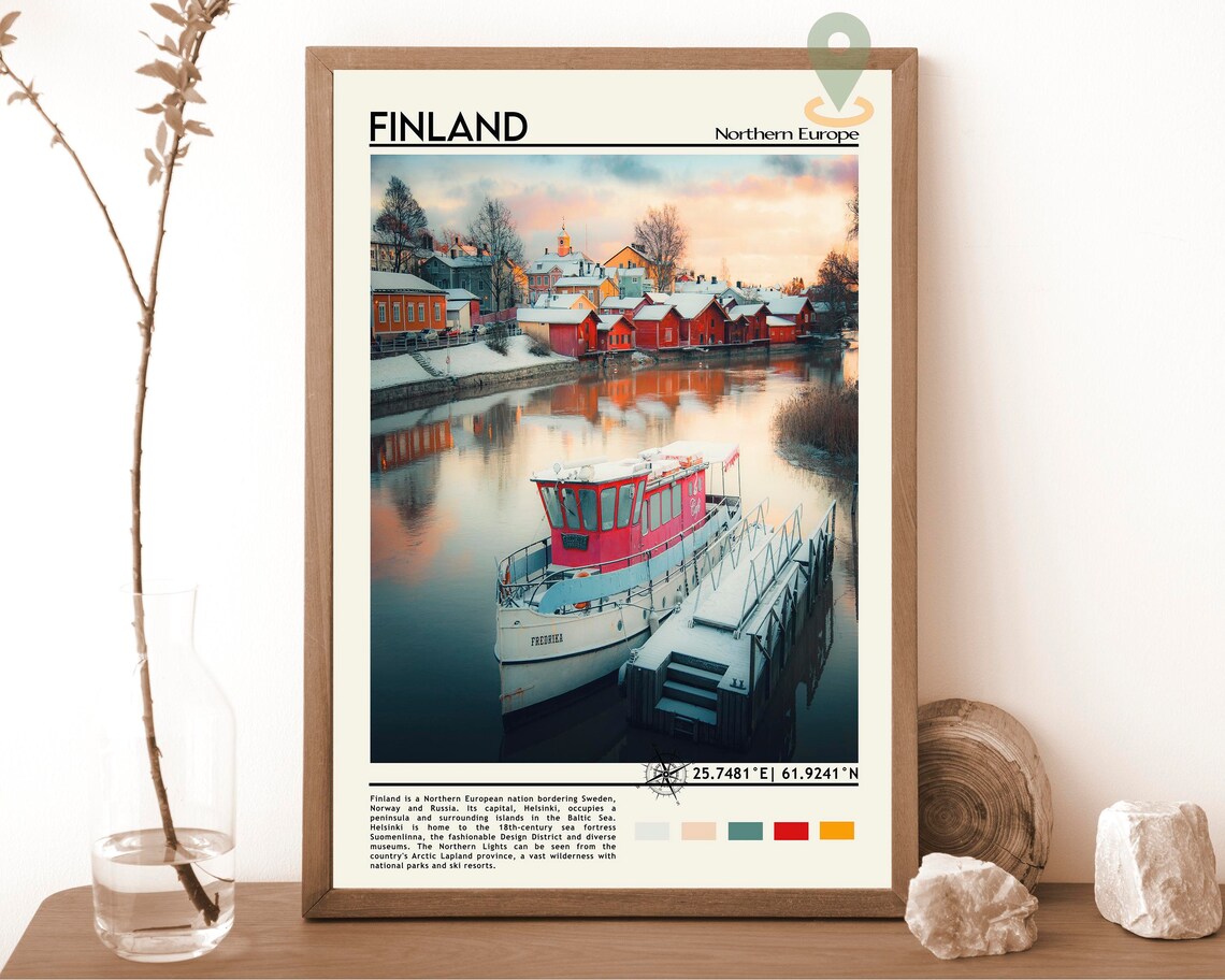 Finland Northern Europe Snowy Harbor Winter Twilight Scene Poster