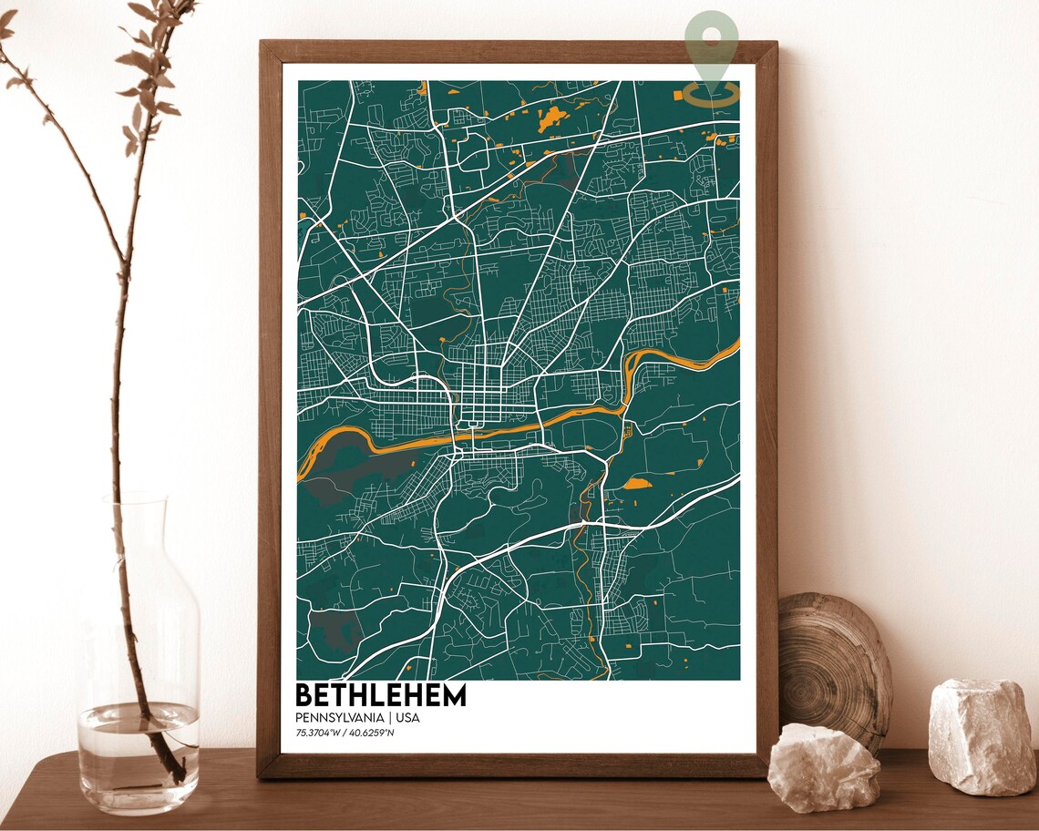 Bethlehem Pennsylvania City Street Map Teal Art Print for Hometown Pride