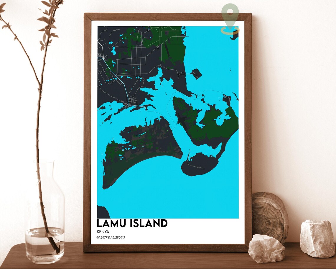 Lamu Island Kenya Swahili Coast Teal Ocean Island Map Poster - Image 2