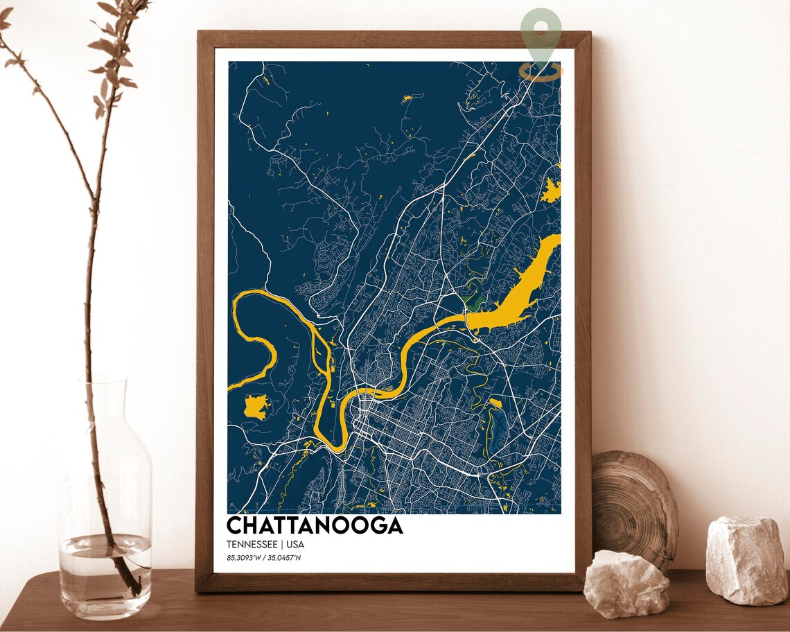 Chattanooga Tennessee Tennessee River Cyan Night City Map Art Print - Image 6