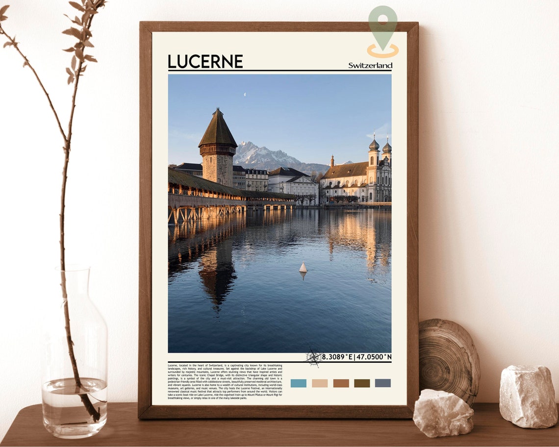 Lucerne Switzerland Historic Chapel Bridge Lake Sunset Poster