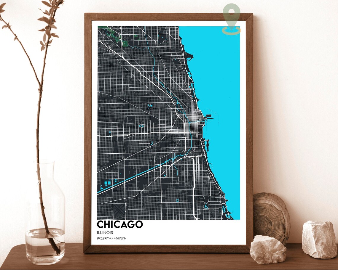 Chicago Illinois Street Map Golden Lake Michigan Navy Grid Art Print - Image 6