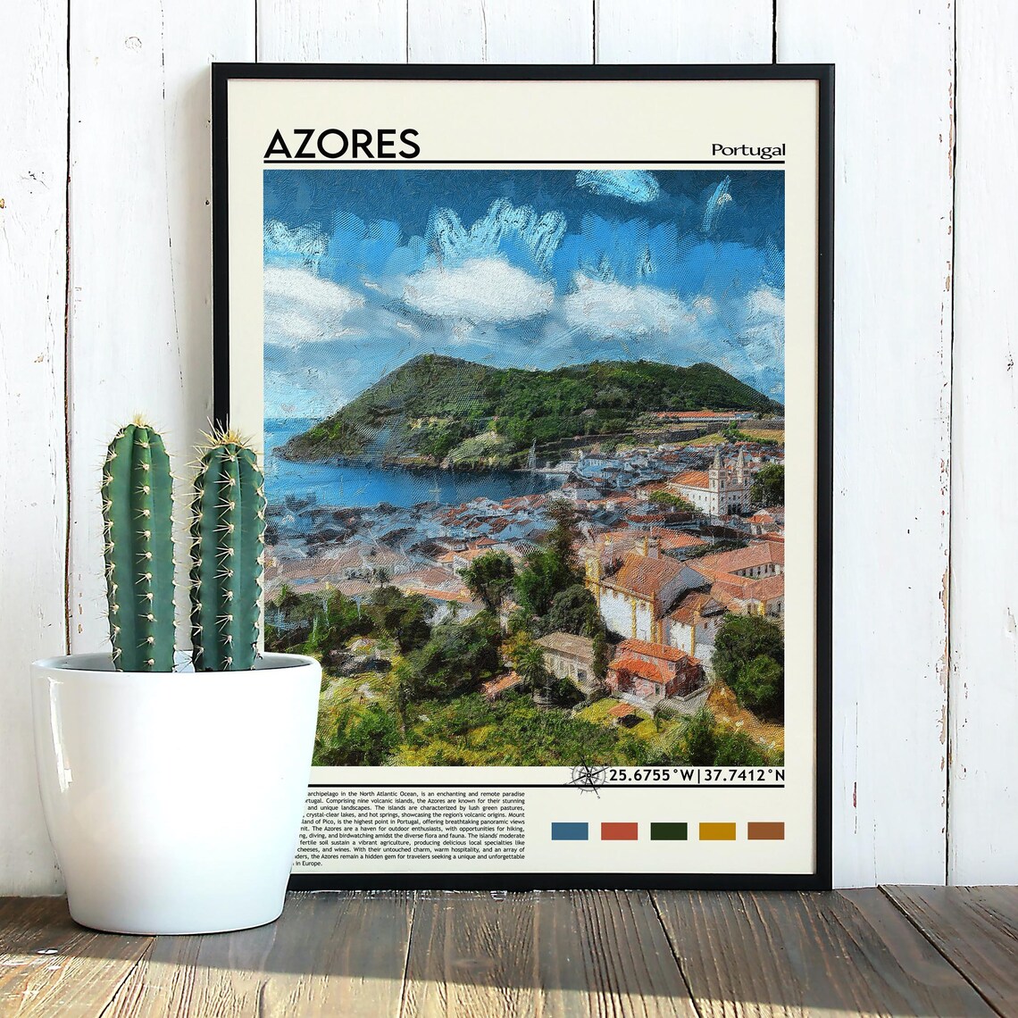 Azores Portugal Atlantic Island Harbor Town Green Hills Travel Poster - Image 3