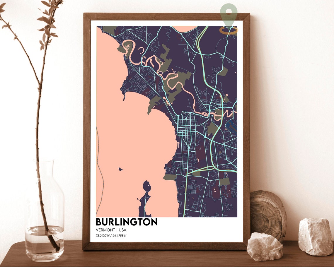 Burlington Vermont Navy Aqua Minimalist City Map Design Poster - Image 3
