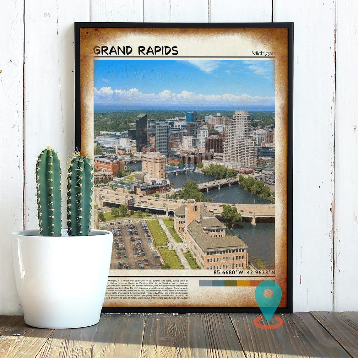 Grand Rapids Michigan Downtown River Skyline Aerial Travel Poster - Image 2