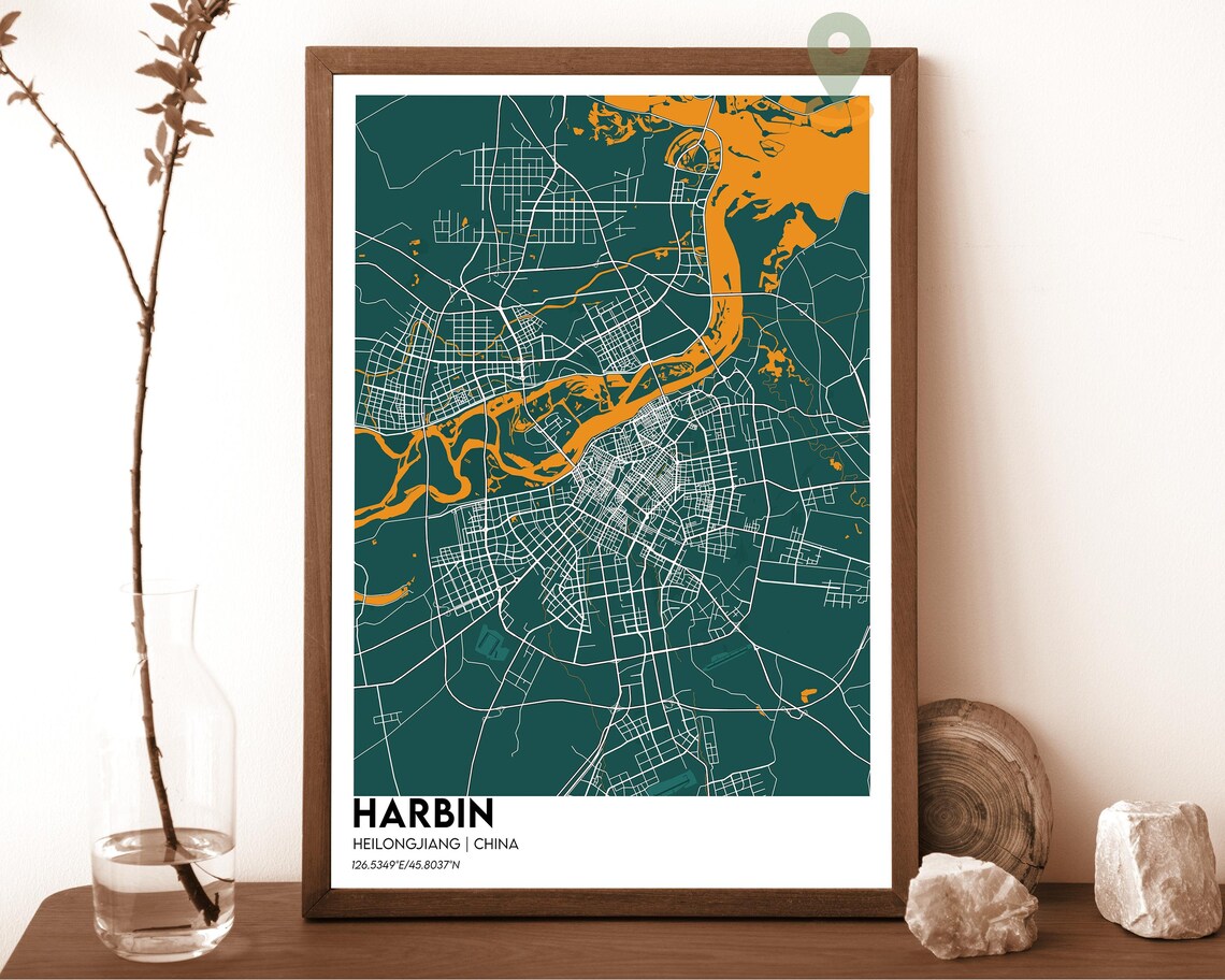 Harbin China Modern City Map Red Cream Minimalist Art Poster - Image 4