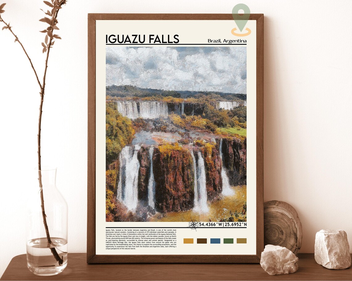 Iguazu Falls Brazil Argentina Waterfall Painted Vintage Travel Poster