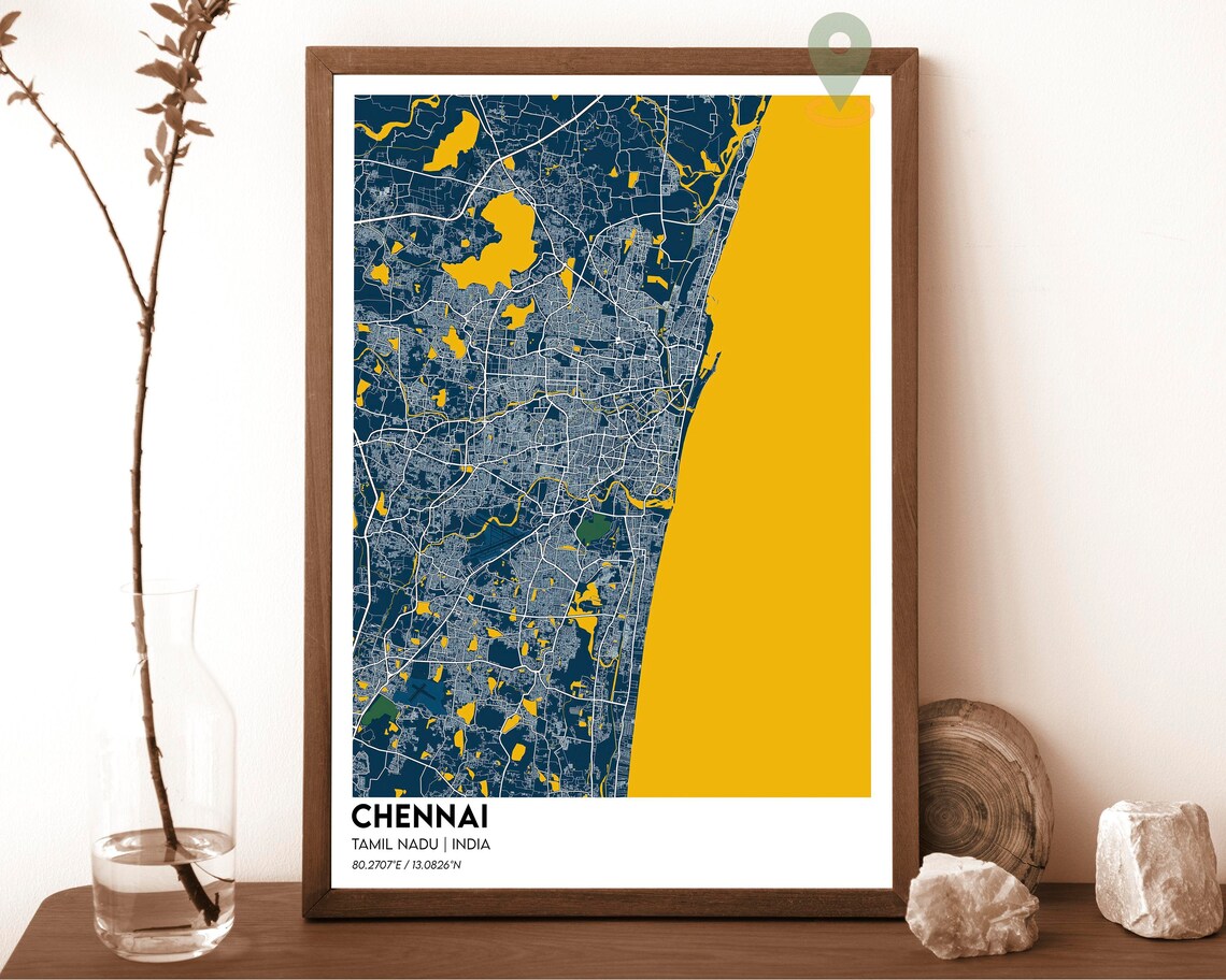 Chennai India Coastal Street Map Charcoal Orange Bay of Bengal Art Print - Image 6