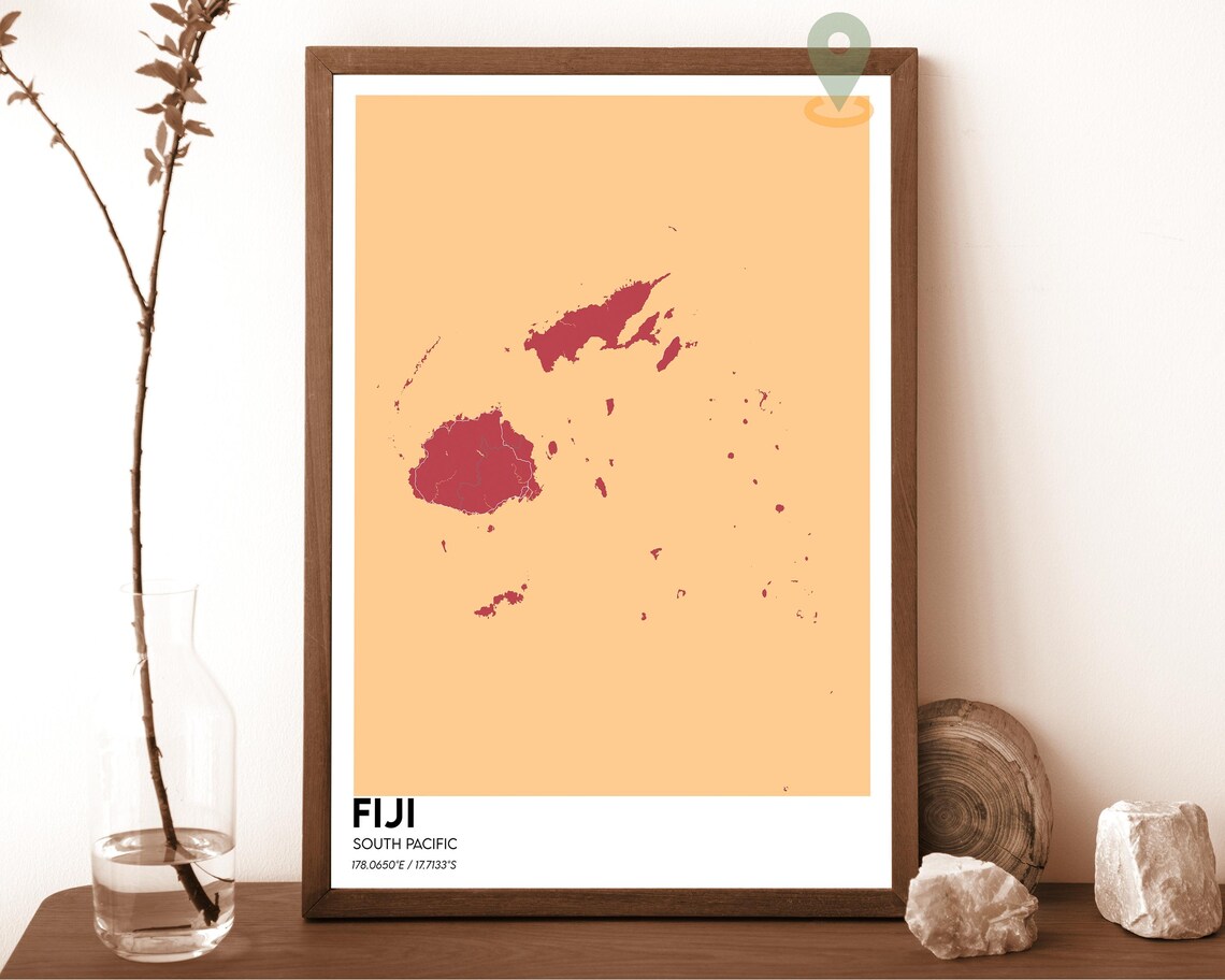 Fiji South Pacific Minimalist Island Map Art Yellow Blue Travel Poster - Image 5