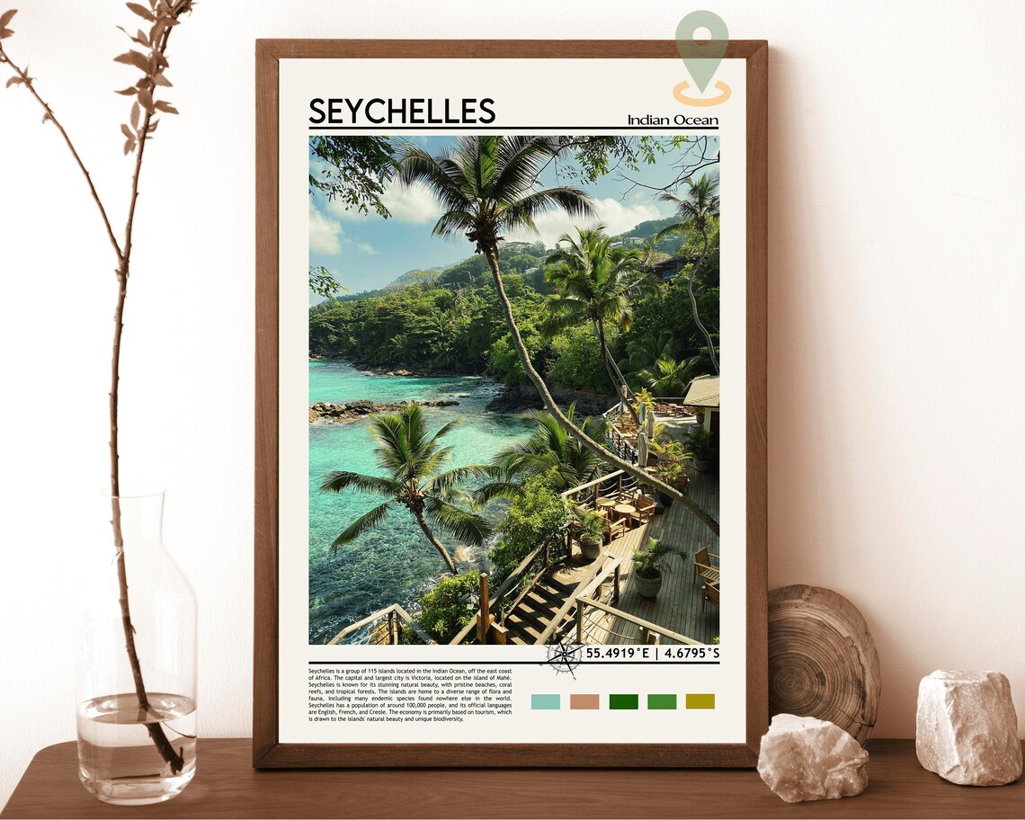 Seychelles Indian Ocean Tropical Palm Beach Paradise Coordinate Poster
