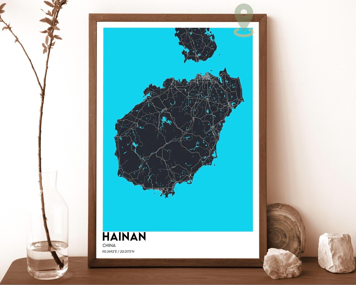 Hainan China Minimalist Island Map Art Cyan Blue Modern Wall Decor Poster