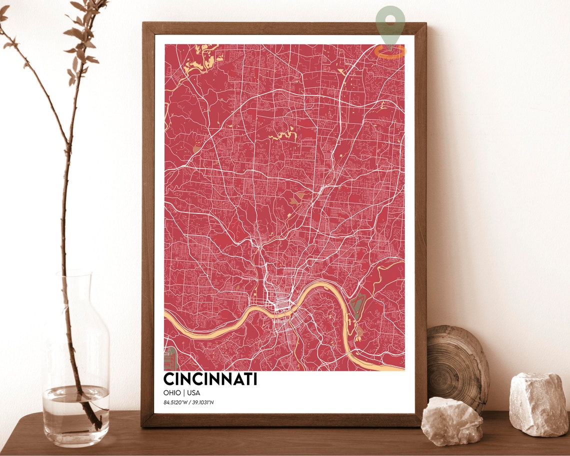 Cincinnati Ohio Street Map Golden Ohio River Navy Blue Grid Art Print - Image 4