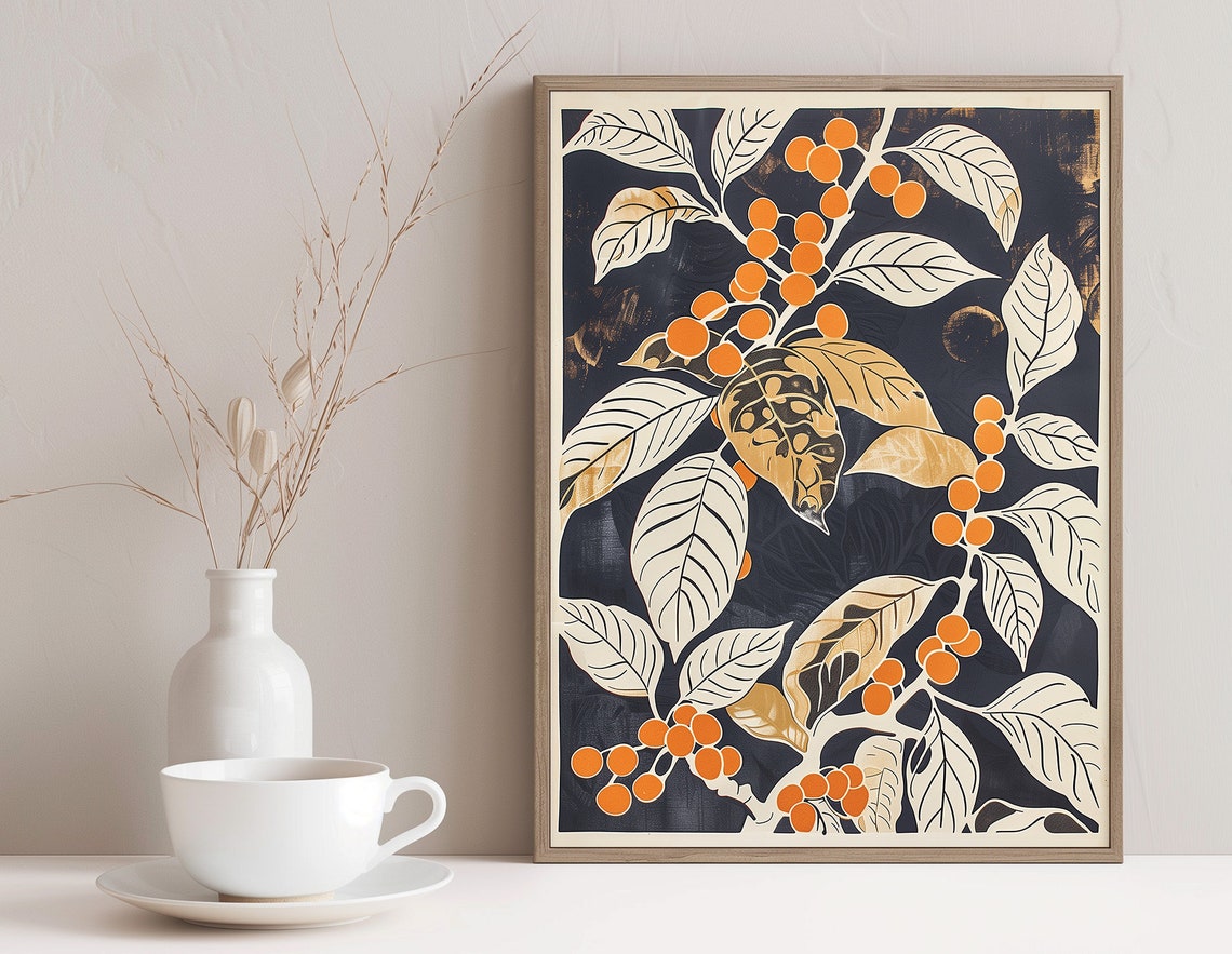 Vintage Botanical Berry Branch Dark Navy Background Wall Art