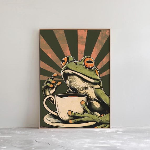 Retro Frog Coffee Wall Art Vintage Animal Painting For Design Lovers Home Or Caf Decor