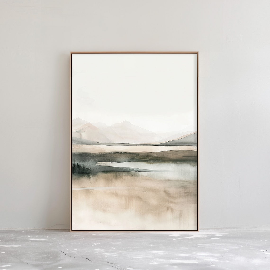 Misty Beige Watercolor Mountain Lake Soft Neutral Landscape Poster