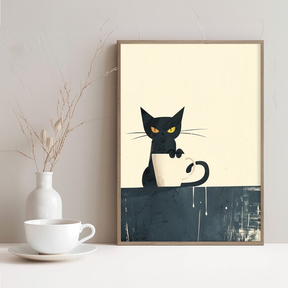 Black Cat With Coffee Cup Minimalist Cream Illustration Poster