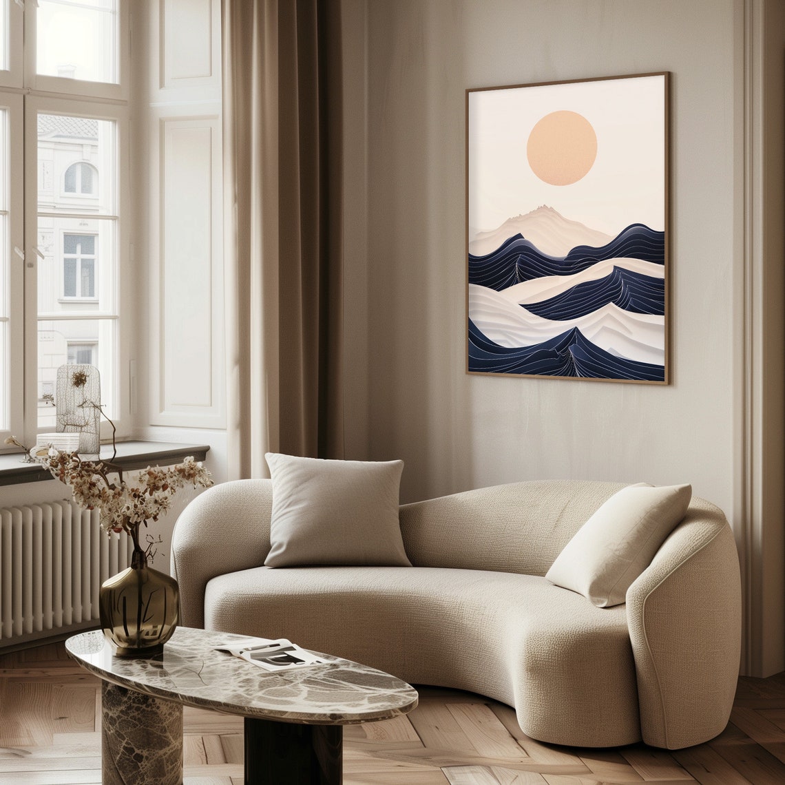Layered Paper Cut Ocean Waves Cream Sun Minimal Coastal Poster - Image 4