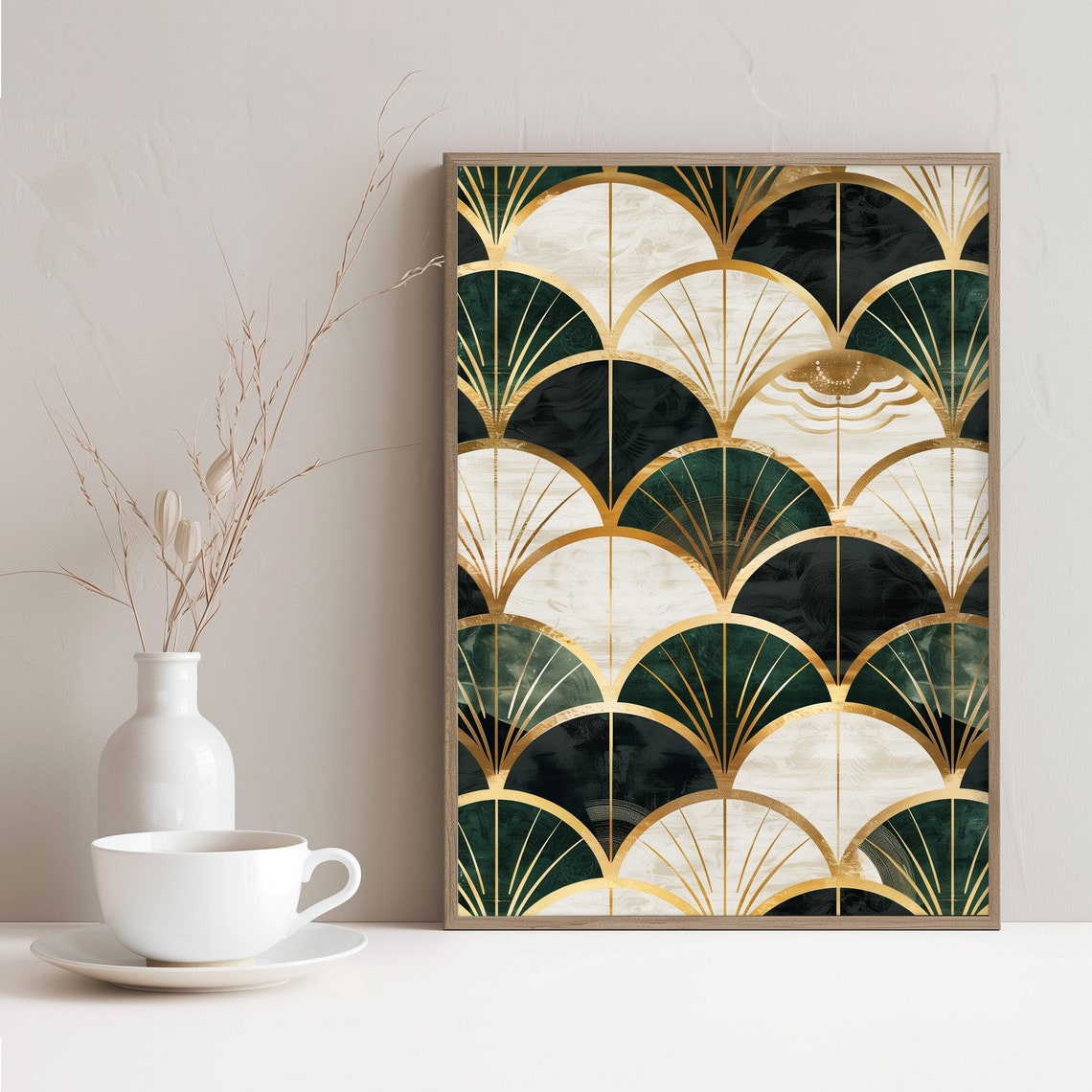Art Deco Gold Emerald Scallop Fan Pattern Luxury Wall Decor Poster - Image 2