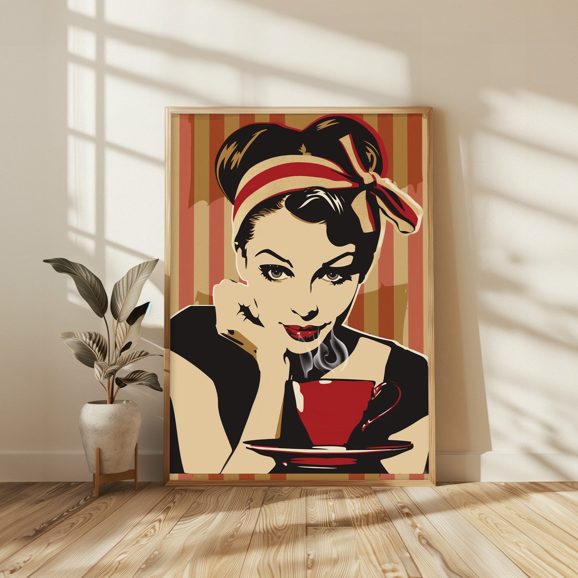 Retro Pin Up Woman with Steaming Red Coffee Cup Pop Art Poster - Image 2