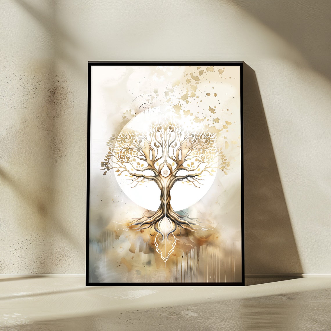Golden Tree Of Life Full Moon White Gold Watercolor Art Poster - Image 2