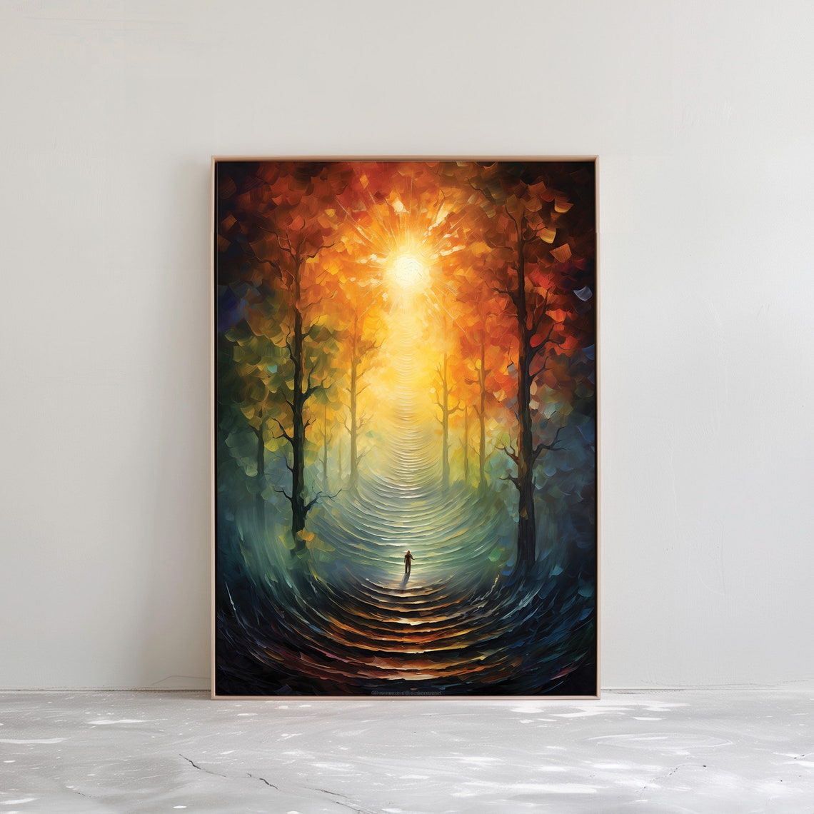 Mystical Forest Sunburst Path Lone Figure Oil Painting Poster