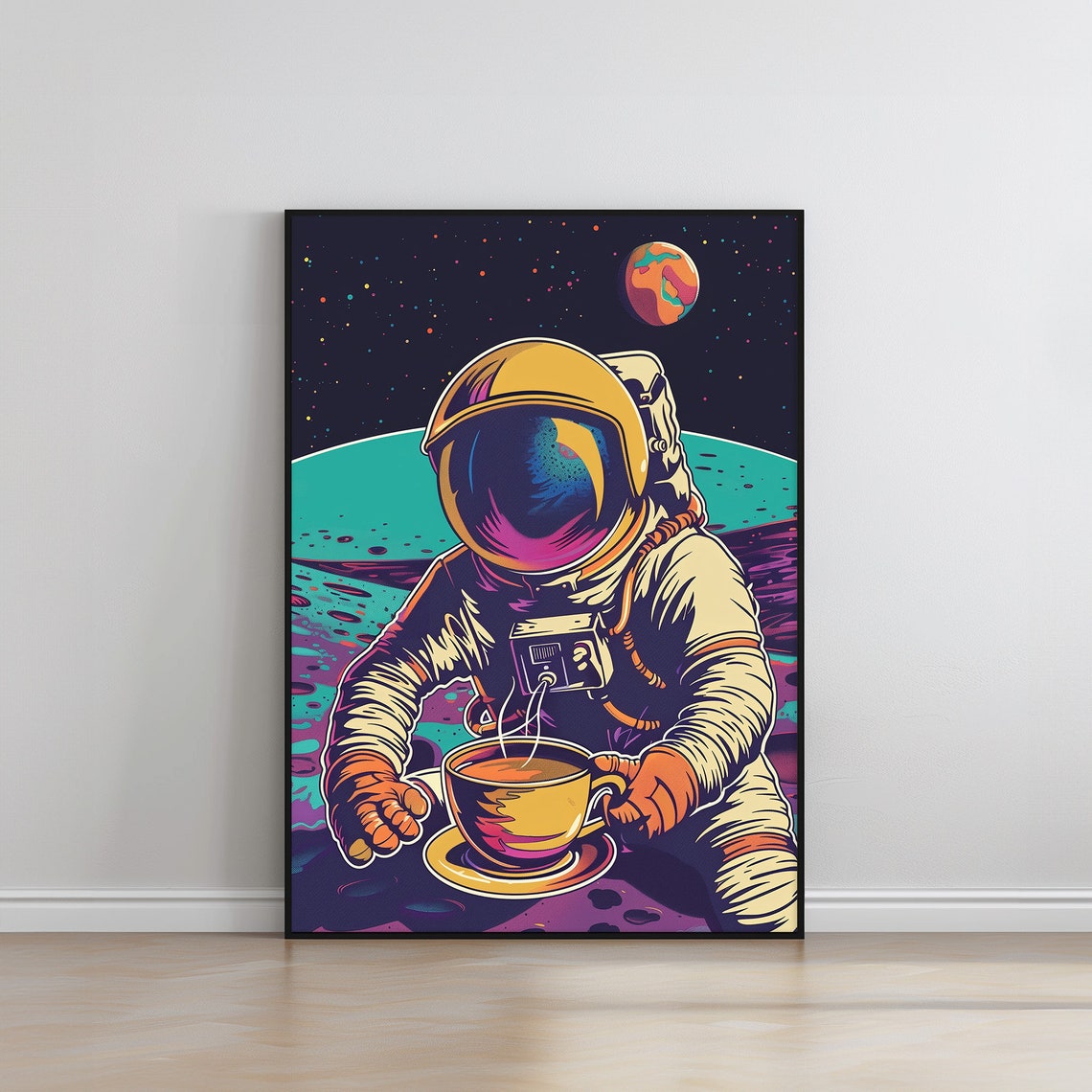 Astronaut Drinking Coffee on the Moon Retro Pop Art Space Poster - Image 5