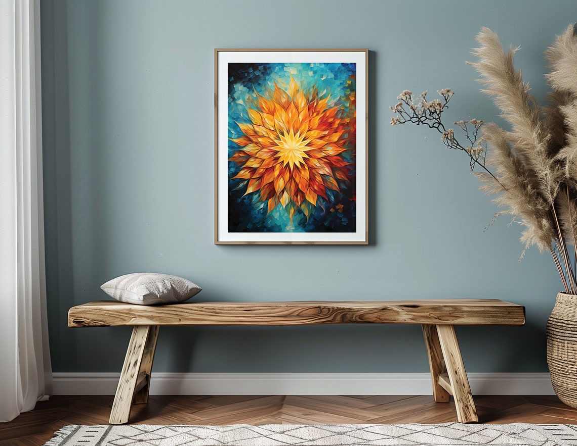 Fiery Sunburst Dahlia Flower Mosaic Abstract Colorful Art Poster - Image 2