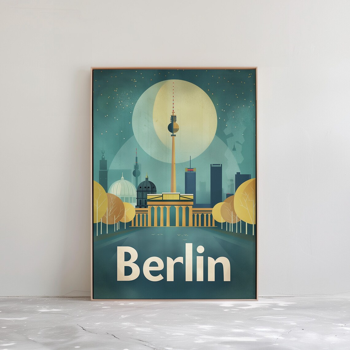 Vintage Berlin Travel Brandenburg Gate TV Tower Night Poster