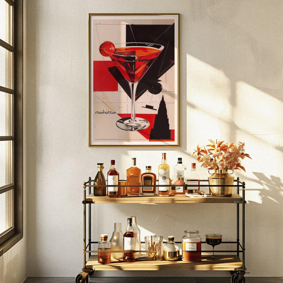 Manhattan Cocktail Art Deco Red Black Geometric Vintage Bar Poster - Image 3