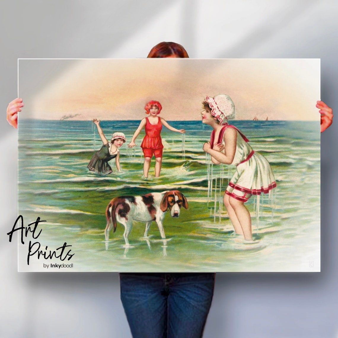 Vintage Edwardian Children Playing In The Sea Nostalgic Beach Poster
